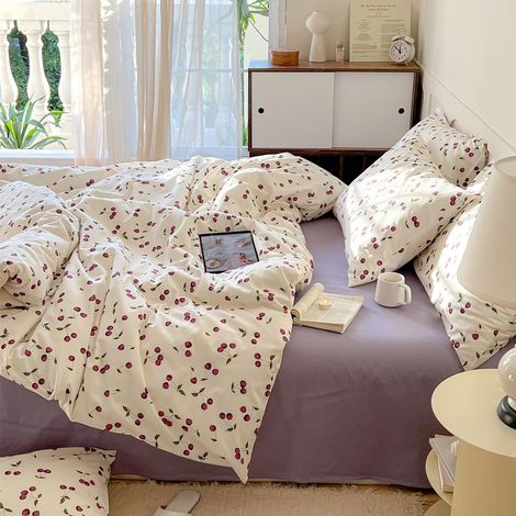 1 Parure De Lit 220x240 Cm Housse De Couette Microfibre 2 Taies D'oreiller 48x74 Cm Motif Cerise Adultes (1/5)