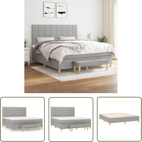 The Living Store Sommier à lattes de lit avec matelas Gris clair 180x200cm Tissu - Lit Plateforme - Lit Double - Matelas Ressorts Ensachés - Têtière Ajustable - Banc Rangement (1/5)