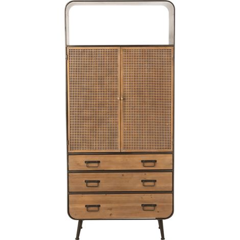 Buffet haut 2 portes 3 tiroirs 80x35x180 cm en sapin et métal noir (1/5)