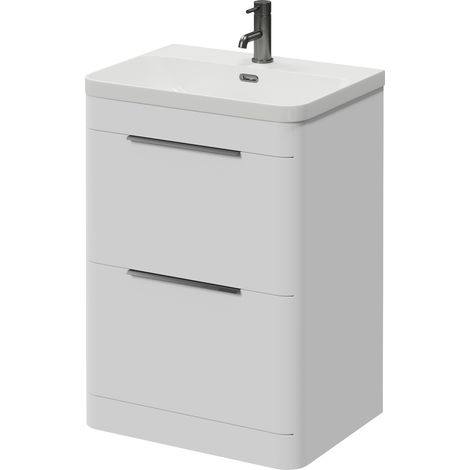 Oslo Gloss White 600mm 2 Drawer Vanity Unit with Fina Basin - 600mm - Gunmetal Grey 300mm Finger Pull
