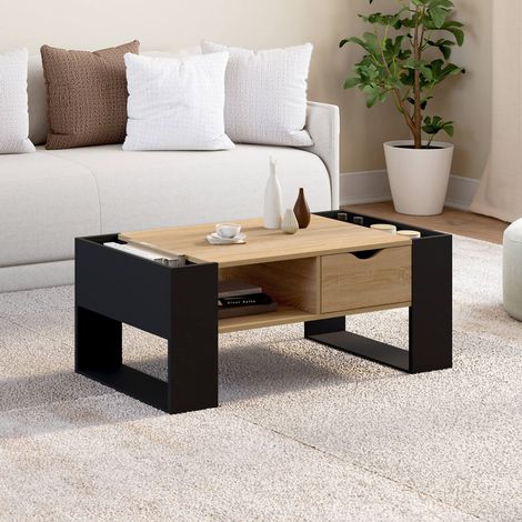 Mesa de centro rectangular BERYL con cajón de madera negra y efecto haya (1/5)