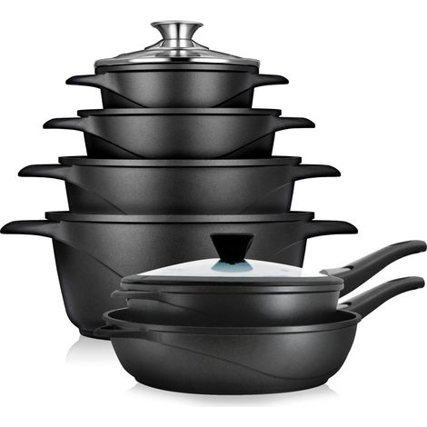 Briebe MGK1219 Batería de Cocina Inducción 12 Piezas Aluminio Fundido 4 Ollas 2 Sartenes Antiadherente Tapas  Negro