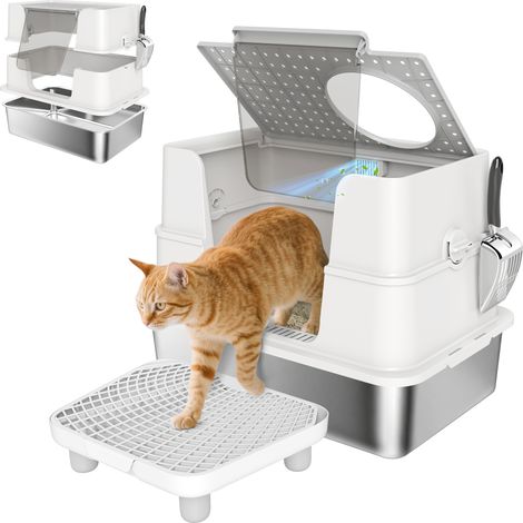 Bac à litière - PawHut - ouvercle pivotant 100°, tapis filtrants anti-dispersion, pelle - inox - 60,2x40,2x44,5cm - gris clair