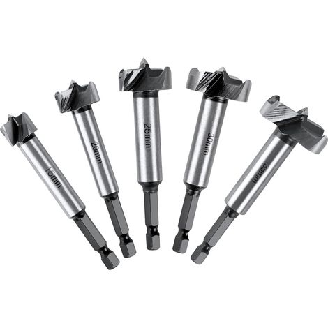Juego de 5 brocas para madera con mango hexagonal, sierra de corona de carburo HSS ajustable para madera maciza, corcho, tablillas y contrachapado (15, 20, 25, 30 y 35 mm) (1/5)