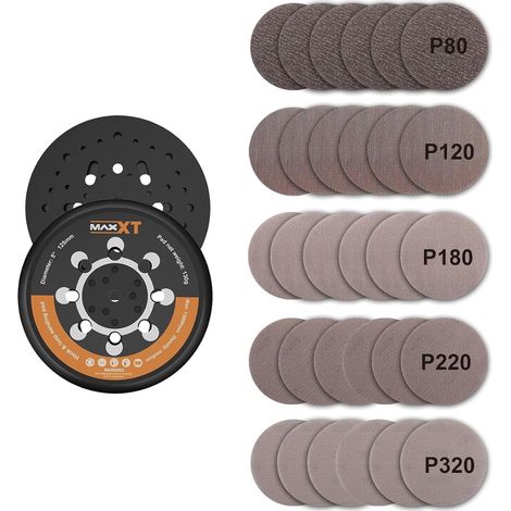 Plateau de support 125 mm pour ponceuse DA avec système scratch, compatible avec la ponceuse excentrique sans balais R7303, 30 feuilles abrasives (5 grains P80/P120/P180/P220/P320) (1/5)