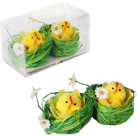 Set di decorazioni per uova di Pasqua - 2 pulcini morbidi in nidi di sisal da 6 cm (1/4)