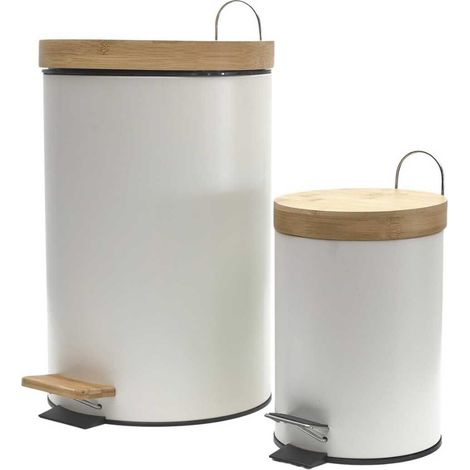 Poubelles à Pédale 12L et 3L en Métal et Bambou Blanc (1/5)