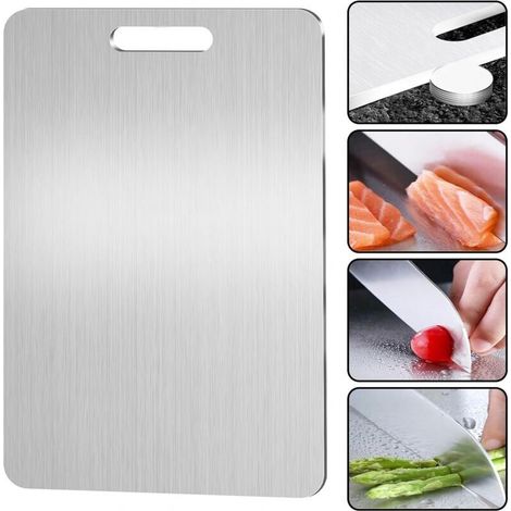 0 - Schneidebrett aus Titan - Beidseitig aus Edelstahl - BPA-frei - Zum Kochen, für Fleisch, Brot, Gemüse und Obst (34 x 23 cm) (1/5)