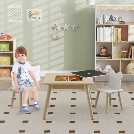 Table enfant 3 pièces : 1 table convertible + 2 chaises coffre, bois naturel, espace jeux et activité