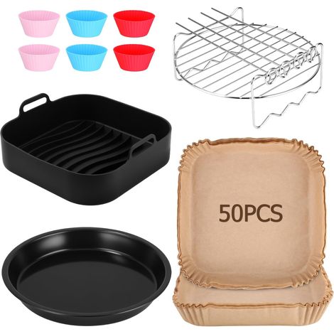 21 cm Airfryer-Zubehörset, kompatibel mit Philips XL 6,2 l, COSORI 5,5 l und 4,7 l, Cecotec 5,5 l und 6 l, 5-teiliges wiederverwendbares Silikon-Airfryer-Formset, Pizzablech, Grillrost, Airfryer-Backp