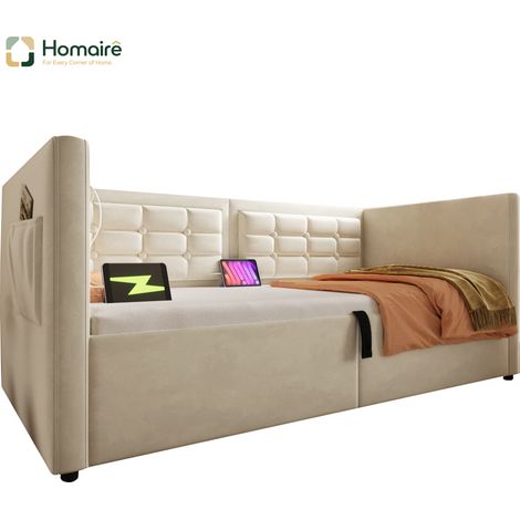 Cadre de lit beige en velours avec rangement et port USB 215 x 106 x 75 cm HOMAIRE (1/5)