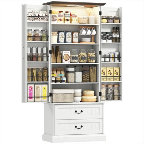 Buffet haut de cuisine blanc 76x39,5x183 cm avec éclairage LED capteur et rangements modulables (1/5)