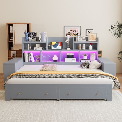 Canapé-lit banquette gigogne 90/180x200 cm - rangements - étagères - tiroirs - prise électrique - éclairage LED - MDF - gris (1/5)