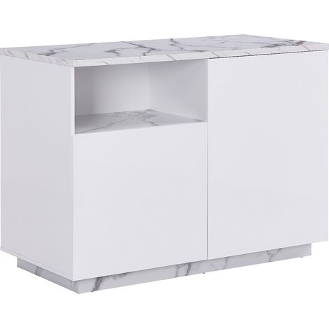 Vente-Unique – Îlot central de cuisine 120 cm – 2 portes battantes – 1 niche de rangement – MDF laqué effet marbre blanc – Charge max 75 kg