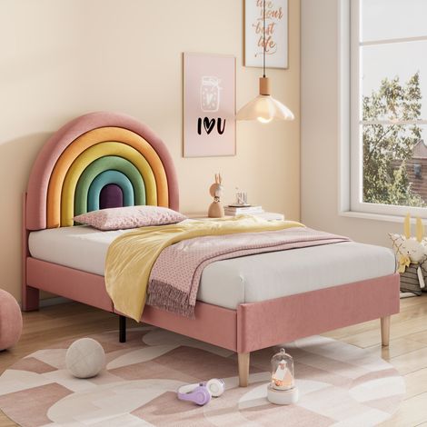 Upholstered bed 90190, with slatted frame and headboard, youth bed, for adults & teenagers, wooden slat support, easy assembly, height-adjustable headboard, velvet, pink