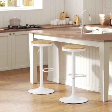 Juego de 2 Taburetes Altos de Cocina con Altura Ajustable Asiento de Madera Marco de Acero y Reposapiés Natural y Blanco (1/5)