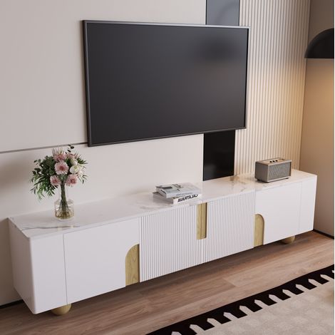 Mobile TV 180 cm bianco con 4 ante e gambe a sfera in legno (1/5)