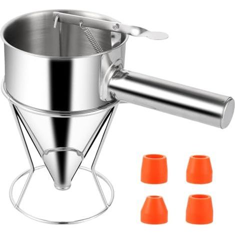 Kolbentrichter, 1,2-Liter-Pfannkuchenteigspender aus Edelstahl mit Ständer und 4 Düsen für die Gebäckherstellung - (1/5)