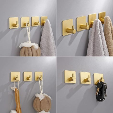 Lot de 4 Crochets Auto-Adhésifs Solides pour Manteaux, Porte, Salle de Bain, Mur, Cuisine - Ventouse (Doré) (1/5)