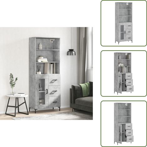 The Living Store Buffet haut Gris béton 69,5x34x180 cm Bois d'ingénierie - Buffet Design Moderne - Meuble Rangement Gris - Armoire Élégante - Commode Avec Portes - Buffet Haute Capacité (1/5)