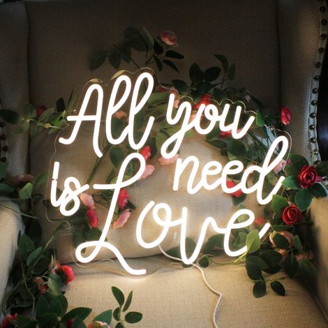 1 Panneau néon LED All you need is love, Acrylique et Silicone, Blanc chaud, 43x28 cm, USB 5V, Décoration mariage (1/4)