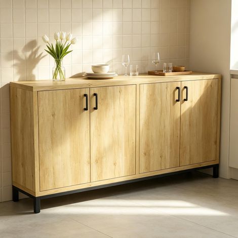 Buffet 160×35×80 cm – casier à 4 portes - rangement XXL – cadre métal noir – 4 portes réglables – bois clair (1/5)