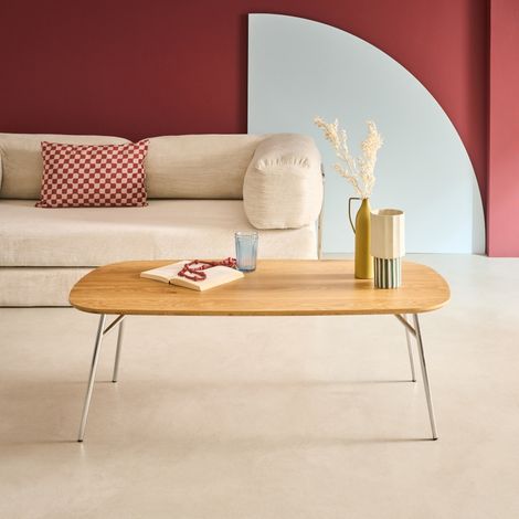 Table basse rectangulaire pieds chromés et décor bois chêne 120cm
