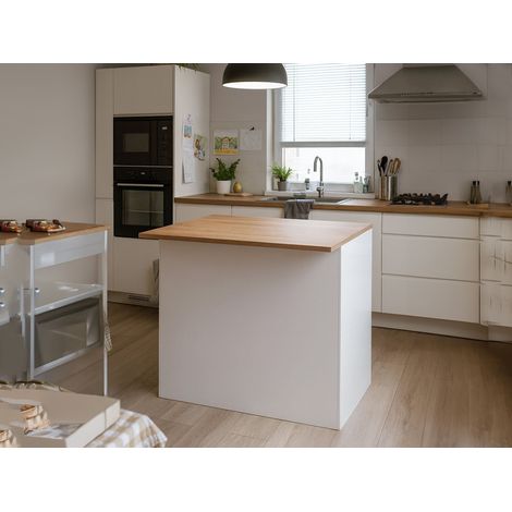 Dmora - Isla de cocina Emmanuel, Mesa auxiliar de almacenaje, Mueble de cocina con 2 puertas, 100% Made in Italy, 125x90h90 cm, Blanco brillo y roble, con embalaje reforzado (1/5)