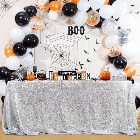 Nahtlose, silberfarbene Paillettentischdecke 130x220 cm - Geeignet für Hochzeiten, Geburtstage, Weihnachten und andere Partydekorationen. (1/4)