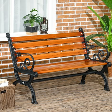 Sitzbank für 2 Personen, dekorative Armlehnen, für Garten & Terrasse, Gussaluminium+Naturholz, 120 x 64 x 79 cm, Teak