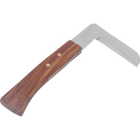Élevage : couteau à parer en forme de 7, manche en bois, outil pour sabot de cheval, lame simple pour main gauche, emballé dans du film à bulles. (1/5)
