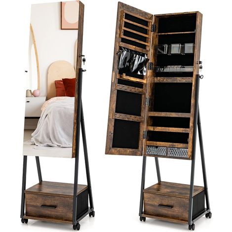COSTWAY Armoire à Bijoux à Roulettes avec Miroir de Pleine Longueur, Miroir sur Pied avec 9 Compartiments, Porte Verrouillable, Grand Tiroir, Étagère, 42 x 38 x 157 cm (Marron Rustique) (1/5)