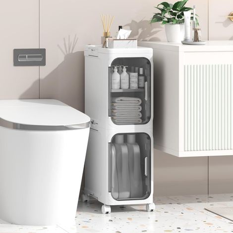 FLITI 2-Tier PP Plastic Storage Cabinet for Bathroom and Bedroom, Narrow Shelf with Drawers, Compact Organizer for Small Spaces, Space Saving, White (1/5)