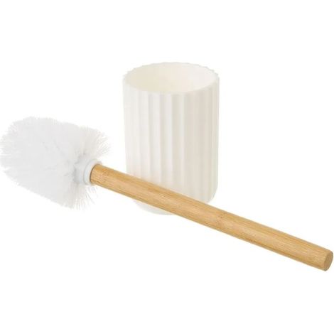 Brosse à toilettes avec poignée en bambou et support en Polystyrène blanc - Longueur 9 x Largeur 9 x Hauteur 36 cm (1/3)
