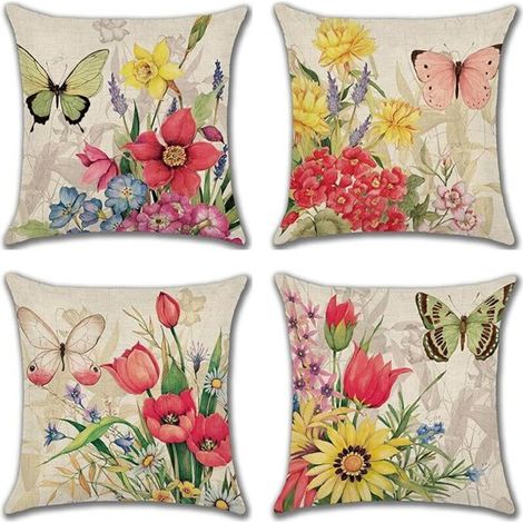 Set mit 4 dekorativen Leinenkissenbezügen für Sofa, Outdoor-Kissenbezüge mit bunten Blumen, Vögeln und Schmetterlingen, Sofakissenbezüge für Wohnzimmer und Schlafzimmer, 45 x 45 cm