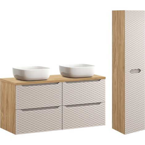 Doppelwaschtisch und Hängesäule 120cm Elora mit 4 Schubladen, Beige und Holzoptik