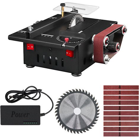 Scie circulaire de table 200 W avec ponceuse à bande et vitesse variable, profondeur de coupe de 30 mm, idéale pour le bricolage. Fournie avec 10 bandes abrasives pour bois, plastique, pierre et métal (1/5)