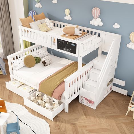 Lit superposé enfant blanc 90x200 + 140x200, multifonctionnel avec tiroirs et planche. Lit double (sans matelas) (1/5)