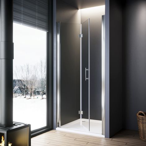 ELEGANT 800mm Folding Shower Screen Cubicle 6mm Tempered Glass Bi Fold Wetroom Shower Enclosure with Shower Base Tray 1200x800mm and Waste Trap (1/5)