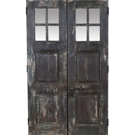 Porte d'entrée en bois massif et fer forgé pour intérieur ou extérieur, ancienne et médiévale, avec vitrage (1/4)