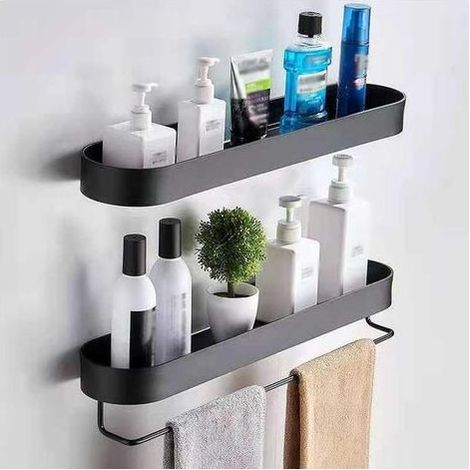 TAISHENGDA Duschkorb, schwarzes Wandregal, Küchenhandtuchhalter, Badezimmerregal, Duschkorb, Küchenorganizer aus Metall, nagelfreie Montage (1/5)