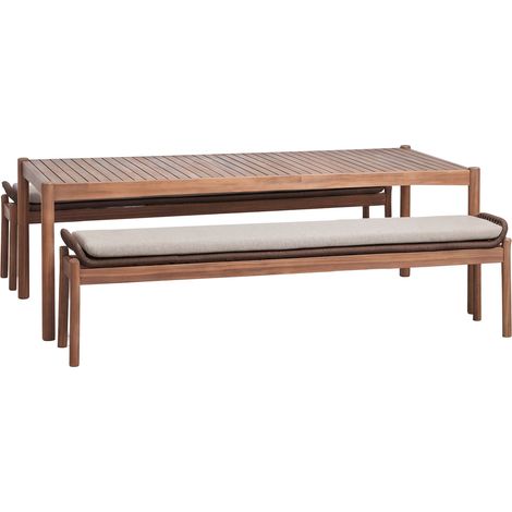 Set de mesa rectangular 180x90 cm y 2 bancos de jardín en madera de acacia y cuerda trenzada Karvia SKLUM       