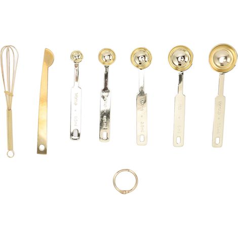 7-in-1 Messlöffel-Set aus Edelstahl, platzsparend ineinander stapelbar, mit Abstreifer und Schneebesen, Goldfarben, multifunktional (1/5)