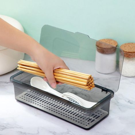 Boîte De Rangement Pour Baguettes - Boîte À Couverts Avec Égouttoir - En Plastique - 27,8 X 13,1 X 7,3 Cm - Gris - 1 Pièce (1/5)