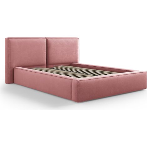 Lit coffre + tête de lit double 140x200 en tissu structurel rose (1/4)