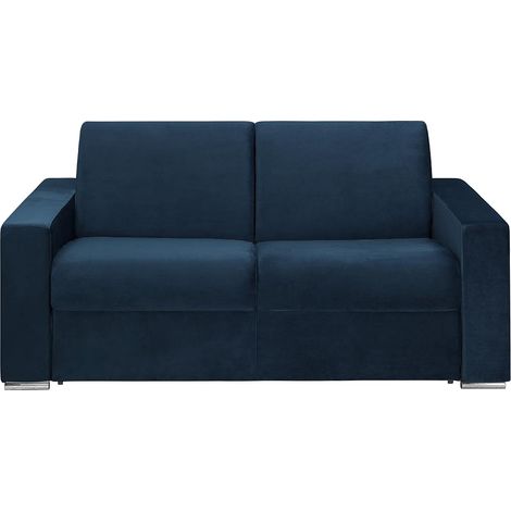 Canapé 2 places convertible express en velours bleu nuit - Couchage lattes larges 120 cm - Matelas 18 cm CALITO