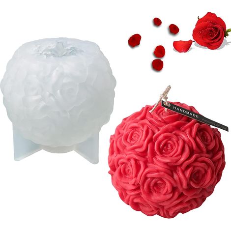 Moules Bougie Boule Fleur Rose, Moule Résine Silicone Fleurs Rose 3D pour La Fabrication Bougies Bricolage des Cadeaux Saint V (1/3)