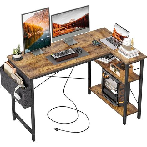 L-Shaped Gaming Desk with Storage Bag, Small Writing Table with Large Reversible Storage Shelves, Workstation for Study, Games, Work, Home Office, Brown (1/5)