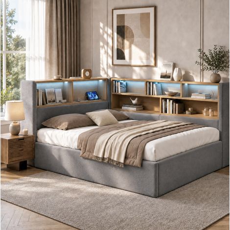 Letto contenitore 140x190 cm con LED, USB e testiera, velluto grigio OKMYHOME (1/5)