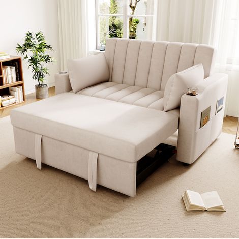 2-Sitzer Schlafsofa beige mit Becherhaltern, Kissen und verstellbarer Rückenlehne HAVRYA (1/5)